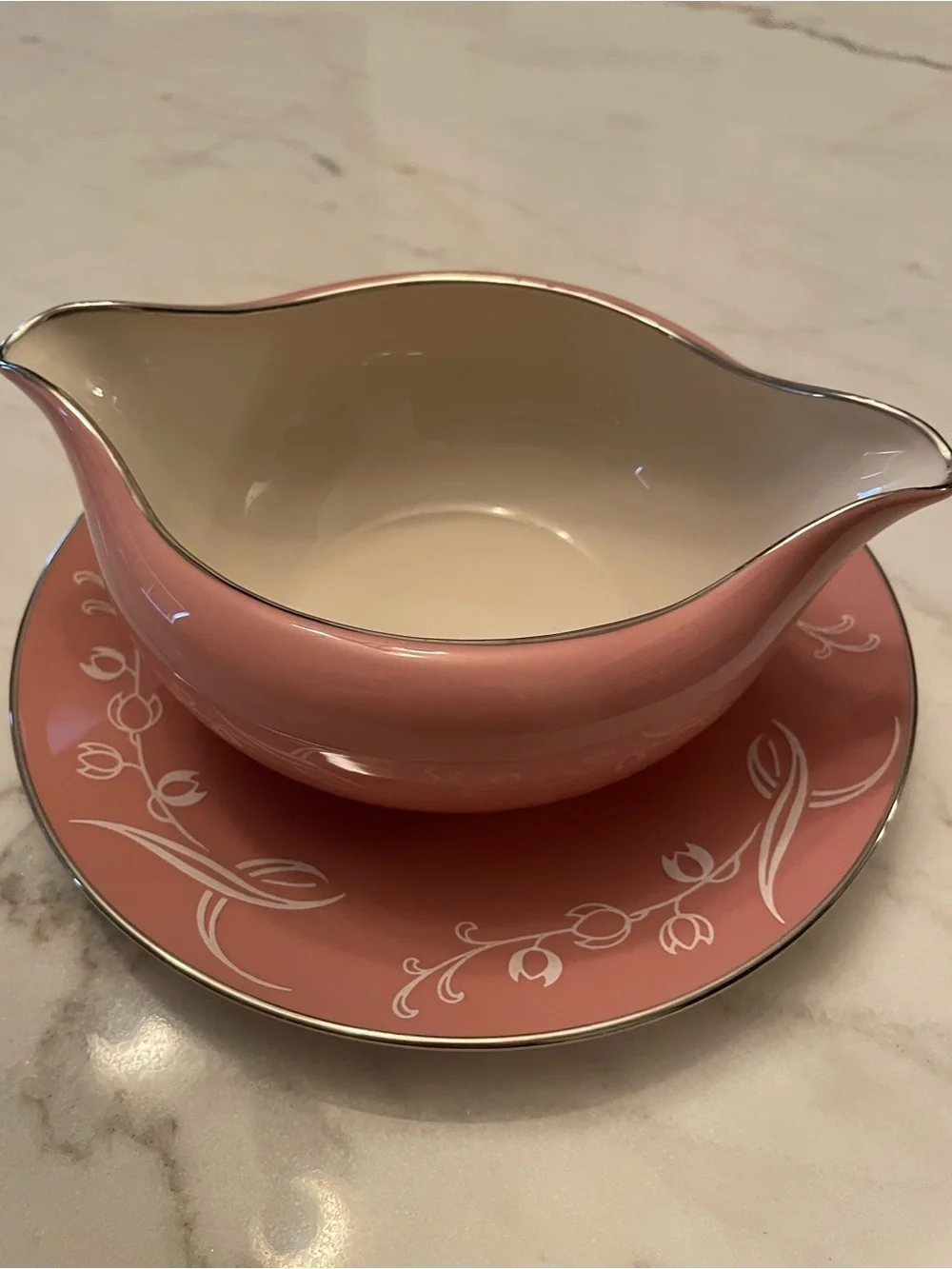 Flintridge China snow tulip pink silver rim Gravy Boat  Attached Underplate